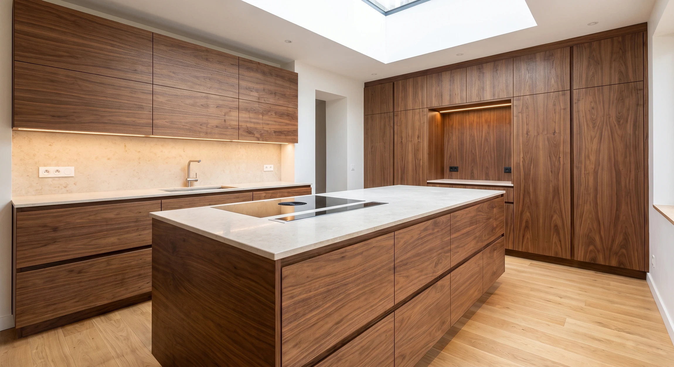 Photographie d'une cuisine moderne sur mesure haut de gamme, présentant une harmonie bois-minéral. Façades en noyer américain naturel aux veinures prononcées, plan de travail en pierre claire ou béton ciré, îlot central imposant avec plaque induction intégrée. Hotte escamotable design intégrée, rangements sol-plafond optimisés, éclairage LED sous-meuble discret. Parquet massif clair, lumière naturelle zénithale mettant en valeur les finitions. Image vide de personnages, perspective d'ensemble montrant la profondeur et la qualité artisanale du mobilier sur mesure.