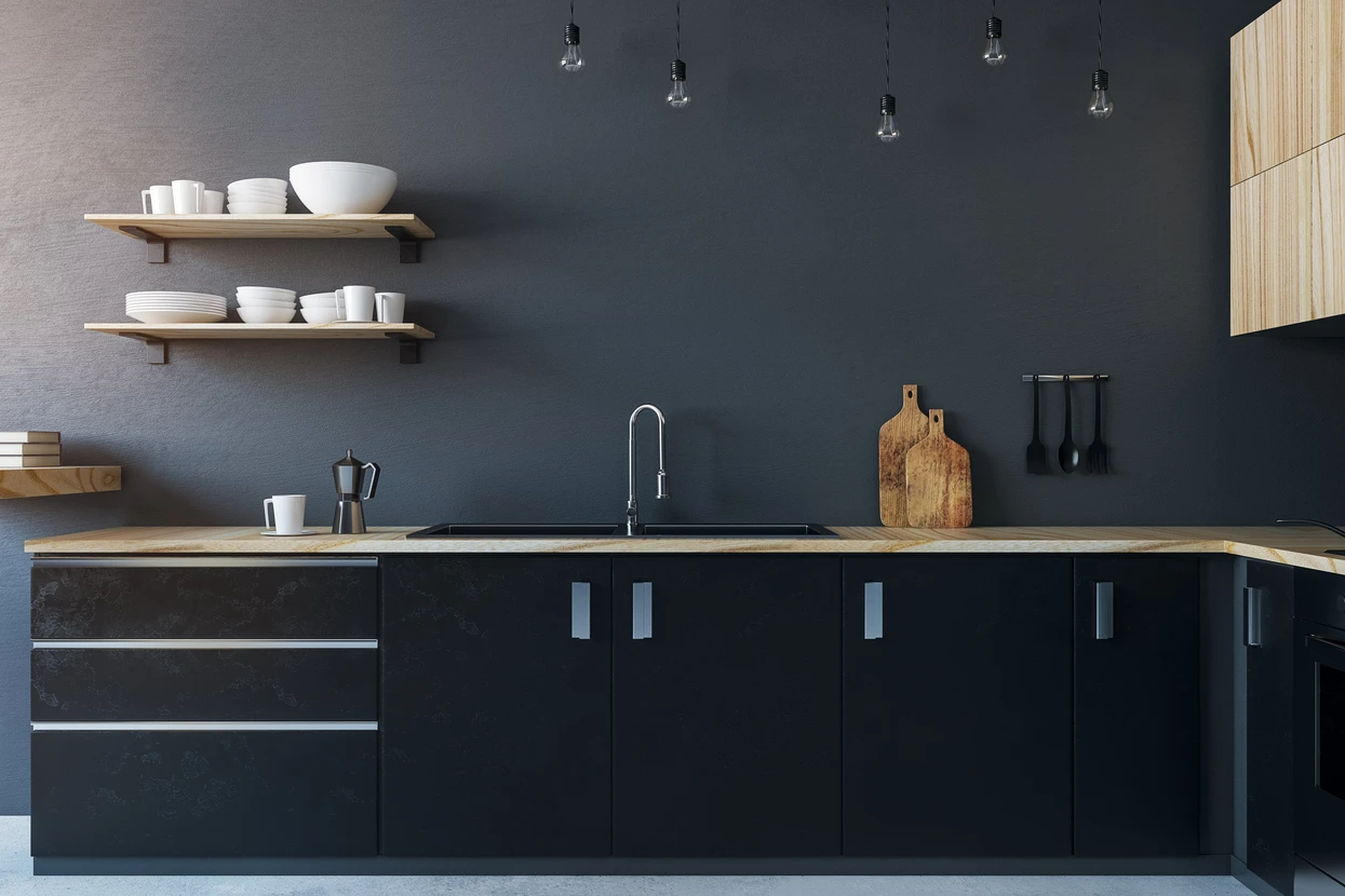 Cuisine moderne minimaliste avec îlot central et plan de travail en bois massif