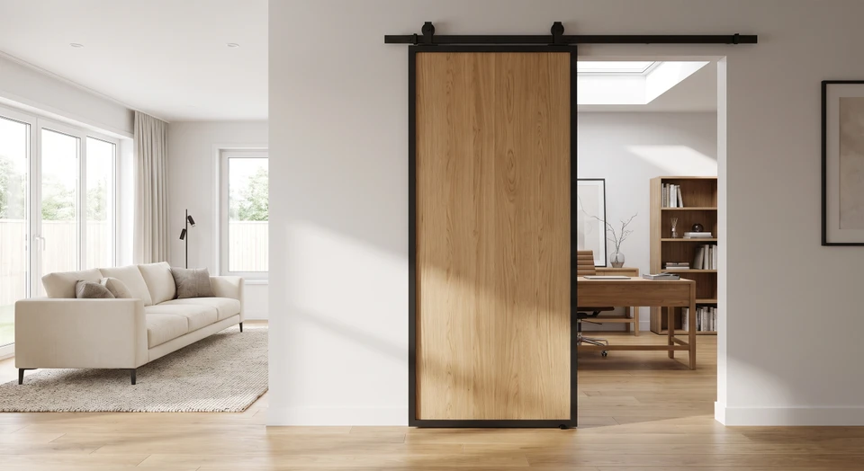 Intérieur moderne d'une maison avec focus sur une porte intérieure coulissante en bois naturel (chêne ou noyer) avec cadre métallique noir mat. La porte est partiellement ouverte, créant une transition harmonieuse entre deux espaces : d'un côté un salon lumineux avec mobilier contemporain, de l'autre une chambre ou bureau. La porte incarne l'équilibre entre esthétique épurée et fonctionnalité, reflétant l'identité visuelle d'un intérieur moderne et soigné. Éclairage naturel zénithal, sols en parquet clair harmonisé, teintes neutres dominantes. Photographie professionnelle de qualité haut de gamme.