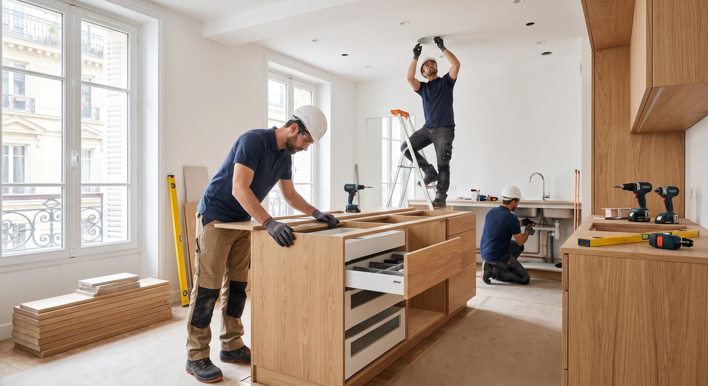 Photographier un chantier d'aménagement intérieur montrant plusieurs corps de métier en action coordonnée : artisan menuisier travaillant sur des caissons de cuisine sur mesure tandis qu'en arrière-plan on voit un électricien posant de l'éclairage LED et un plombier installant une canalisation. L'image doit capturer une ambiance professionnelle, organisée et collaborative, avec des outils et matériaux visibles, reflétant la capacité de gestion globale de projet. Photographie réaliste d'intérieur en construction/aménagement, sans texte ni logo.