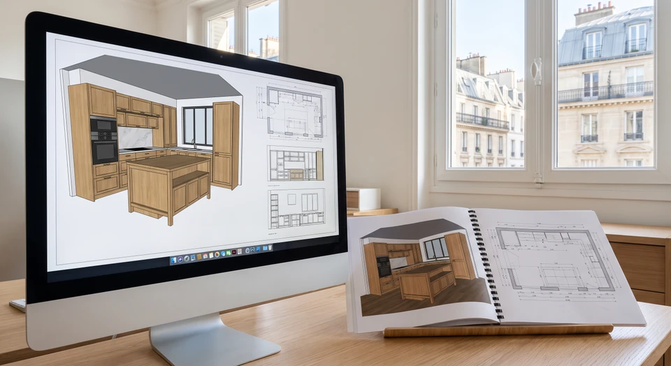 Plan architectural d'appartement avec outils électriques et composants électroniques disposés sur les dessins techniques