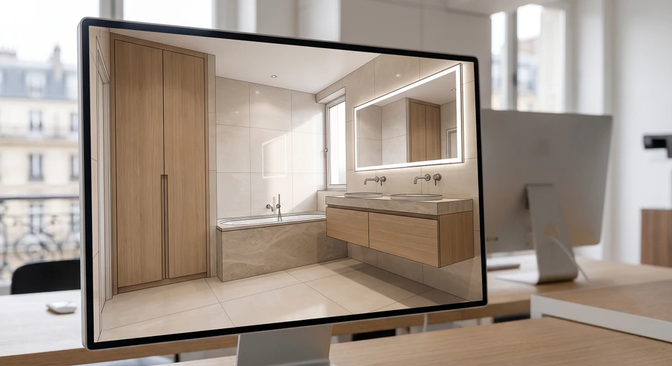Rendu 3D professionnel d'une salle de bain moderne sur mesure en cours de conception. L'image doit montrer distinctement les caractéristiques visuelles d'une modélisation 3D (légère transparence des surfaces, rendu lisse et précis, perspective d'aménagement spatial, détails des volumes et de la géométrie). La scène présente une salle de bain spacieuse avec double vasque suspendue moderne, baignoire encastrée épurée, meuble de rangement intégré en bois naturel, crédence en pierre, éclairage LED encastré subtil, miroir au-dessus des vasques. La salle de bain doit refléter l'esthétique haut de gamme et contemporaine typique des réalisations d'Into The Wood. Aucune personne ne doit être présente. La qualité du rendu doit être professionnelle et suffisamment détaillée pour inspirer confiance dans la fidélité du projet final.