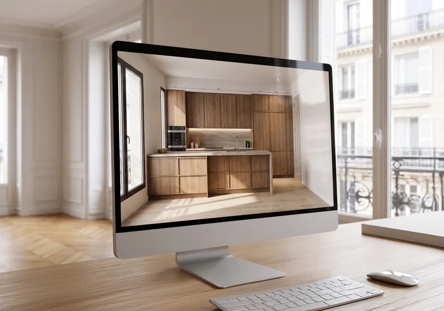 Photographie réaliste d'un écran d'ordinateur de bureau ou tablette tactile affichant une modélisation 3D professionnelle d'une cuisine moderne sur mesure. L'écran montre le rendu visuel en temps réel avec une perspective immersive de l'agencement complet : façades de meubles, plan de travail, électroménager intégré, éclairage, et dimensions précises. L'écran est positionné de manière à être bien visible, avec en arrière-plan flou une pièce d'intérieur réelle (salon ou cuisine partiellement visible). L'image suggère la transition entre la visualisation numérique et la réalité de l'aménagement. Éclairage naturel ou professionnel mettant en avant l'interface logicielle claire et le contraste entre l'écran et l'environnement. Style photographique épuré, professionnel et moderne.