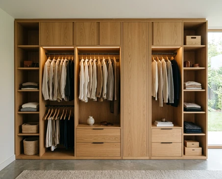 Dressing sur mesure avec système modulaire de rangement en bois clair