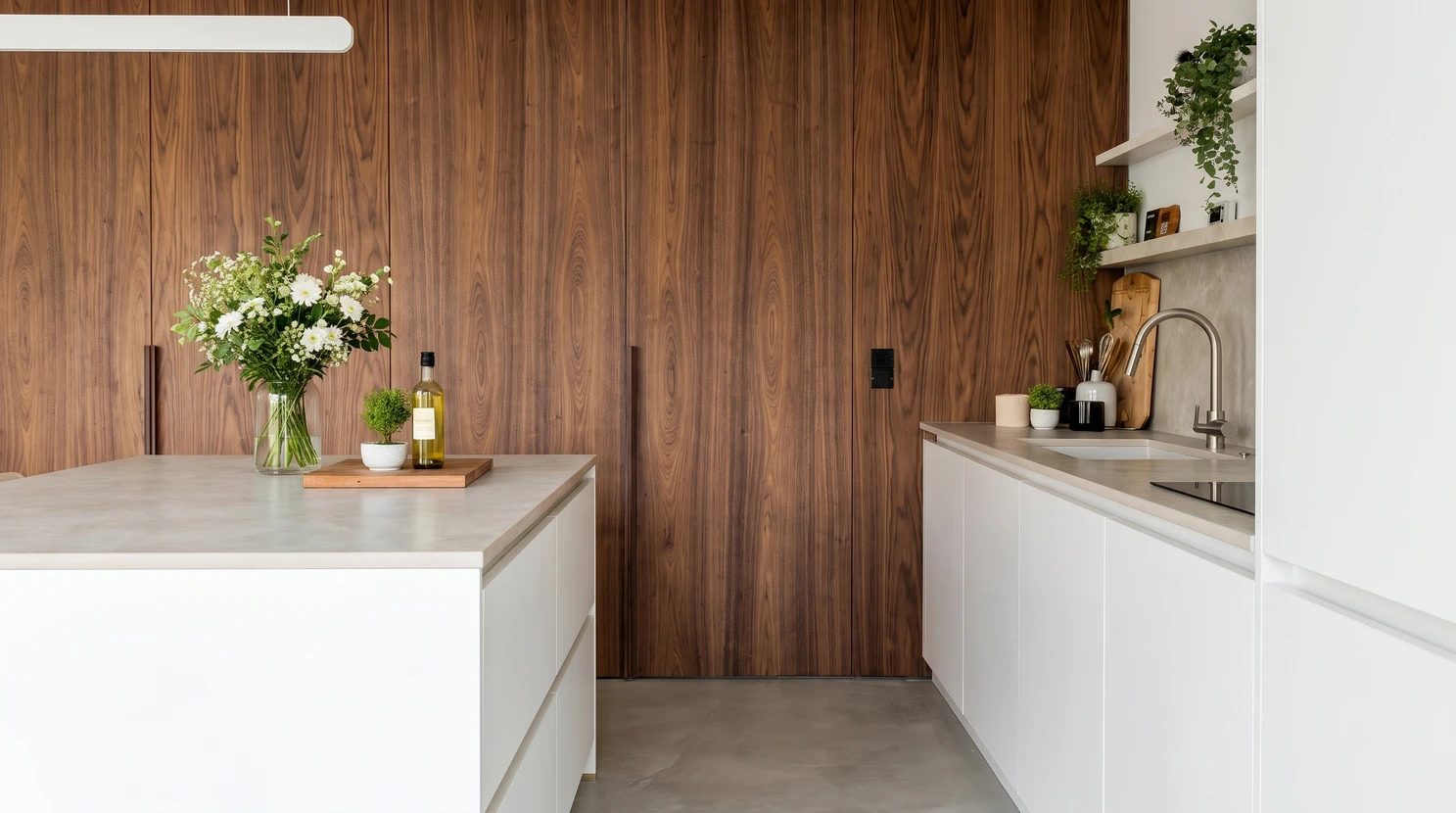 Cuisine intégrée moderne en bois de noyer massif, finition naturelle aux veinures prononcées
