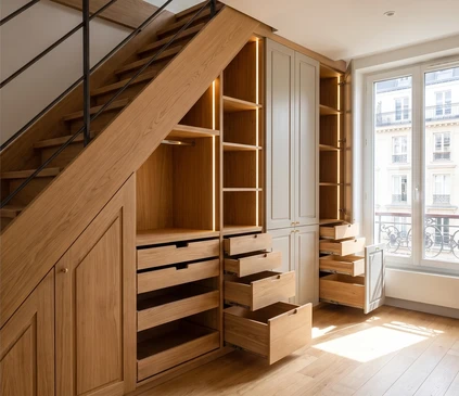 Photographie d'un petit espace réaménagé de manière optimale : une alcôve, un placard ou un renfoncement mural transformé par Into The Wood en rangement modulaire sur mesure. L'image doit montrer des étagères réglables, des tiroirs coulissants à sortie totale, et un système d'organisation vertical intelligent exploitant chaque centimètre disponible. Finitions en bois naturel ou laqué, quincaillerie Blum visible, éclairage LED discret intégré. L'aménagement doit démontrer clairement comment un espace contraint a été maximisé et fonctionnalisé. Photo prise légèrement en contre-plongée mettant en valeur l'ingéniosité de la conception et la précision de la fabrication artisanale. Environnement neutre, bien éclairé, valorisant le travail de menuiserie.