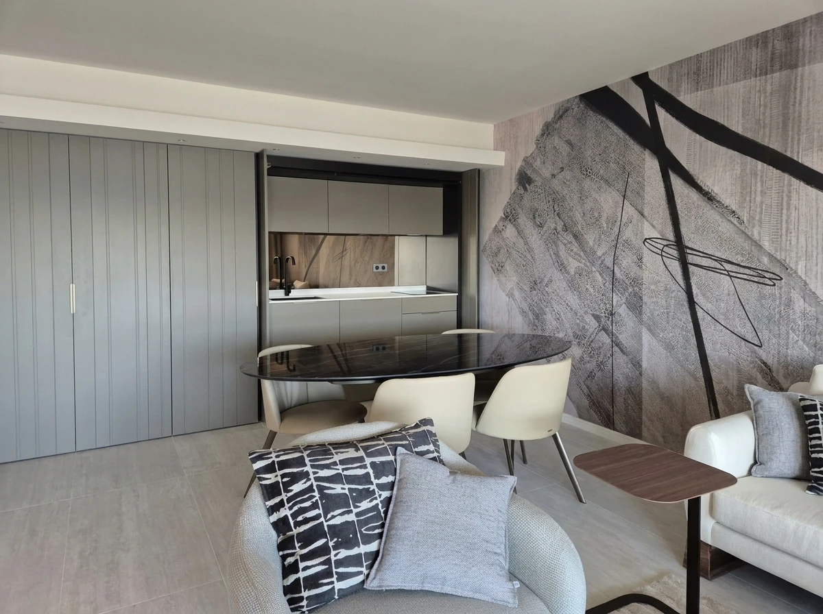 Intérieur moderne avec escalier suspendu en métal noir, rampe design avec câbles tendus et garde-corps géométrique