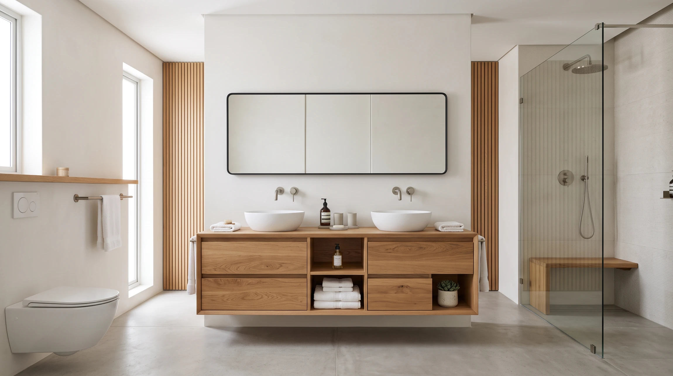 Salle de bain moderne aux tons blancs et bois naturel avec toilettes suspendues, meuble vasque à tiroirs sur pieds, étagère ladder en bois clair
