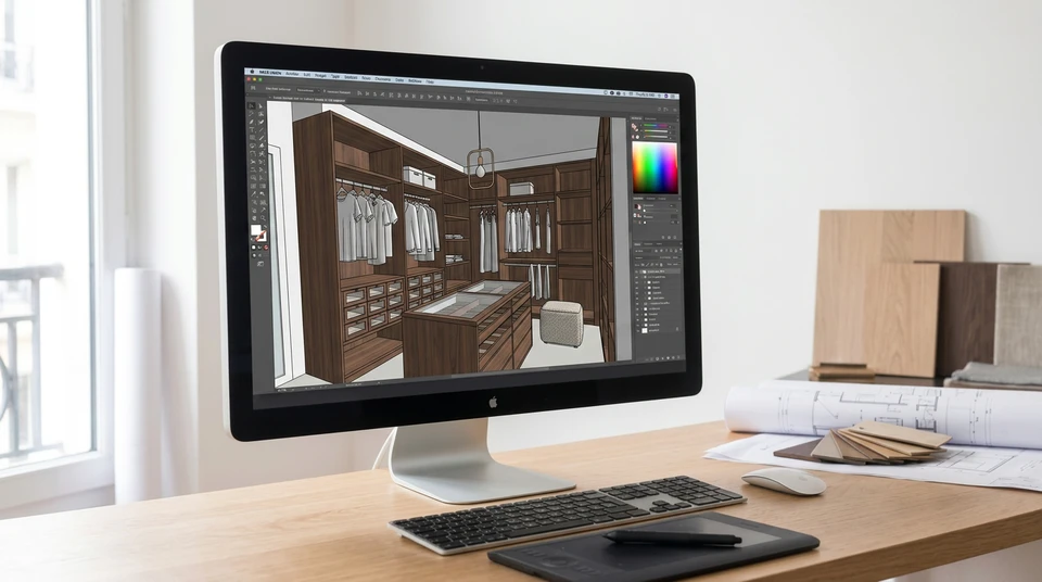 Écran d'ordinateur affichant un logiciel de modélisation 3D professionnelle montrant une cuisine ou un dressing aménagé en perspective réaliste, avec plans techniques en bas de l'écran. À côté, un document imprimé montrant un rendu 3D en couleur et un plan technique détaillé. Arrière-plan montrant un bureau d'études professionnel avec fenêtre naturelle. L'image doit transmettre la confiance, la précision technique et la visualisation réaliste avant engagement.