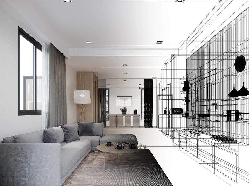 Deux personnes visualisent des meubles en réalité augmentée dans un showroom moderne