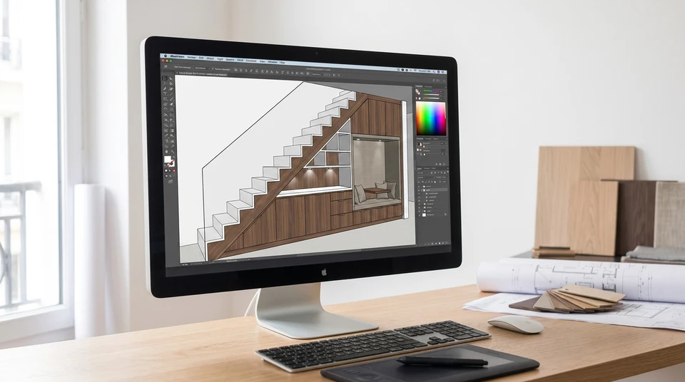 Un homme travaille dans un bureau moderne, concentré sur la création 3D