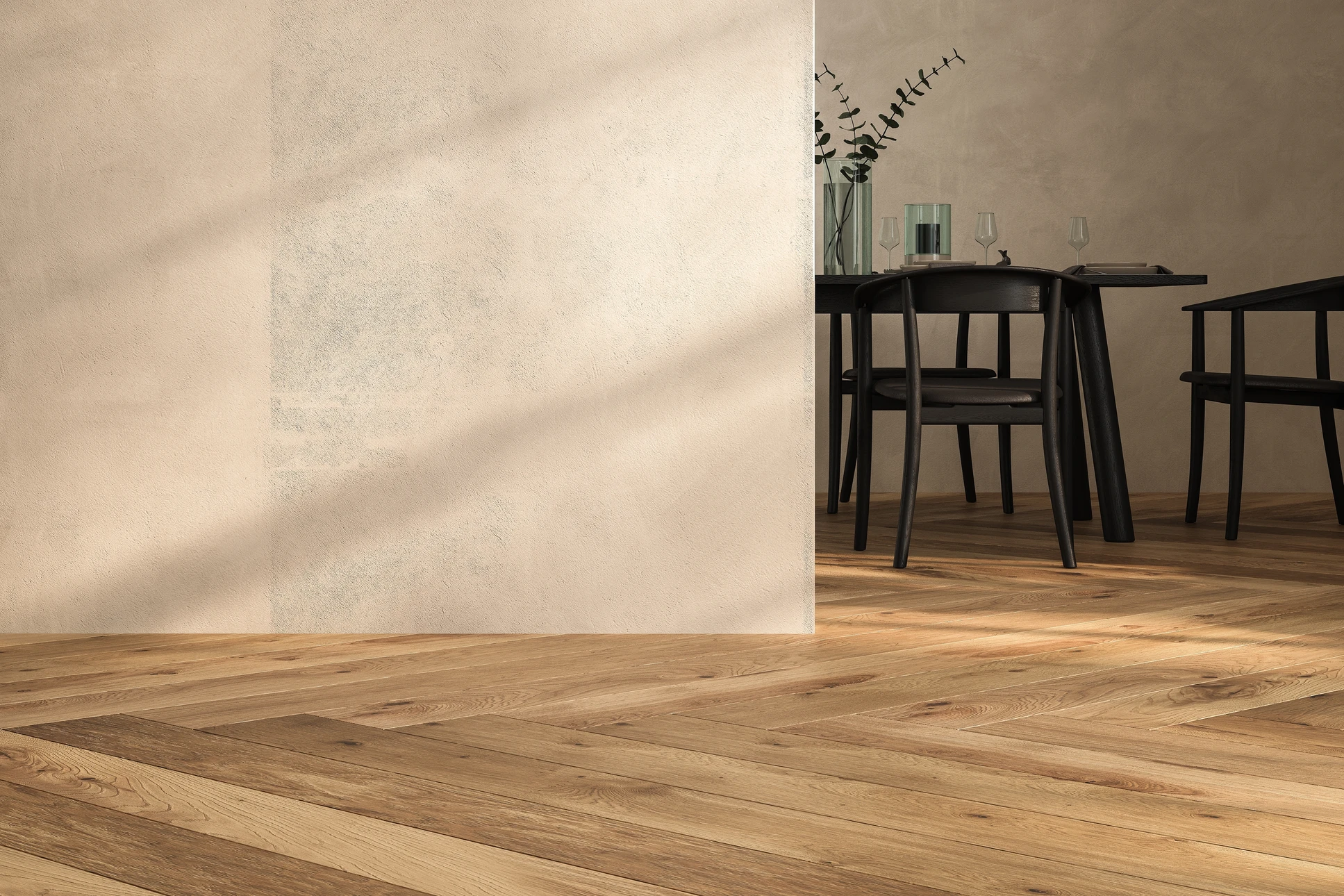Intérieur résidentiel avec sol en parquet massif chêne naturel disposé en motif chevrons et damier