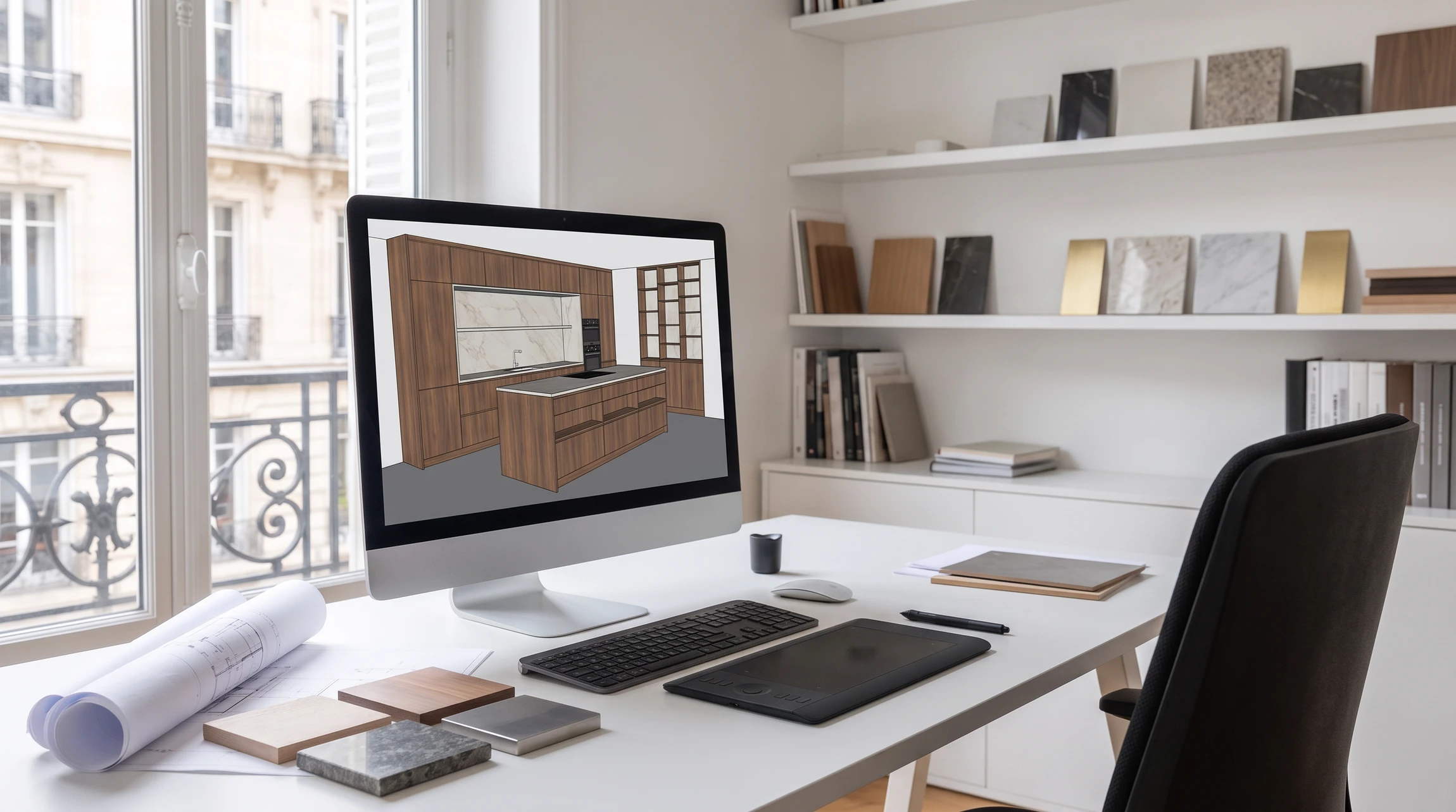 Photographie d'un bureau d'études moderne, montrant un designer ou artisan d'Into The Wood de trois-quarts face à un écran d'ordinateur affichant une modélisation 3D détaillée d'une cuisine ou dressing sur mesure en cours de conception. L'écran doit afficher clairement les éléments caractéristiques de l'entreprise : mobilier en bois (noyer ou chêne), finitions épurées, détails de quincaillerie. Le bureau doit être équipé de matériel professionnel (clavier, souris, tablette graphique). En arrière-plan, on voit des plans papier ou des échantillons de matériaux (bois, pierre, métal). L'ambiance doit être professionnelle, sérieuse et incarner l'approche conseil personnalisée d'Into The Wood. Lumière naturelle douce provenant d'une fenêtre ou éclairage professionnel.