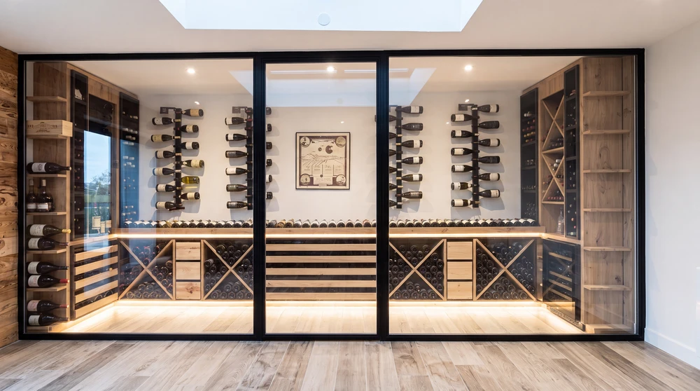 Chambre d'hôtel style chalet alpin, mur en vieux bois massif vertical, lit double blanc immaculé, armoire intégrée en bois brut avec portes coulissantes en planches obliques, intérieur laqué beige avec étagères blanches et linge plié