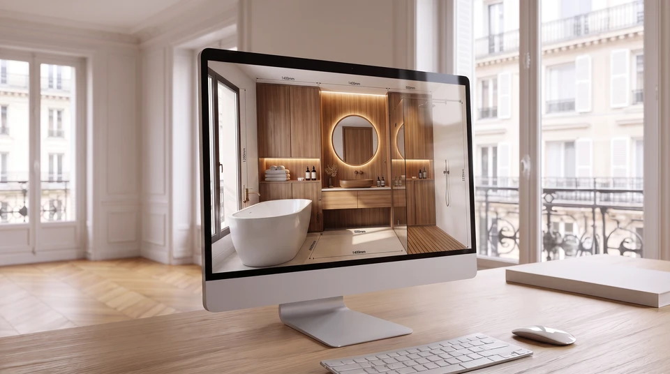 Photographie montrant un artisan menuisier ou un designer en consultation avec un client (couple ou famille) dans son atelier, où un écran d'ordinateur affiche une modélisation 3D colorée d'une cuisine ou d'un aménagement intérieur sur mesure. L'artisan pointe l'écran en expliquant le projet, les clients observent attentivement. Plans techniques et documents détaillés sont visibles sur le plan de travail. L'ambiance est professionnelle, chaleureuse et transparente, avec un atelier lumineux et bien équipé en arrière-plan montrant l'expertise métier.